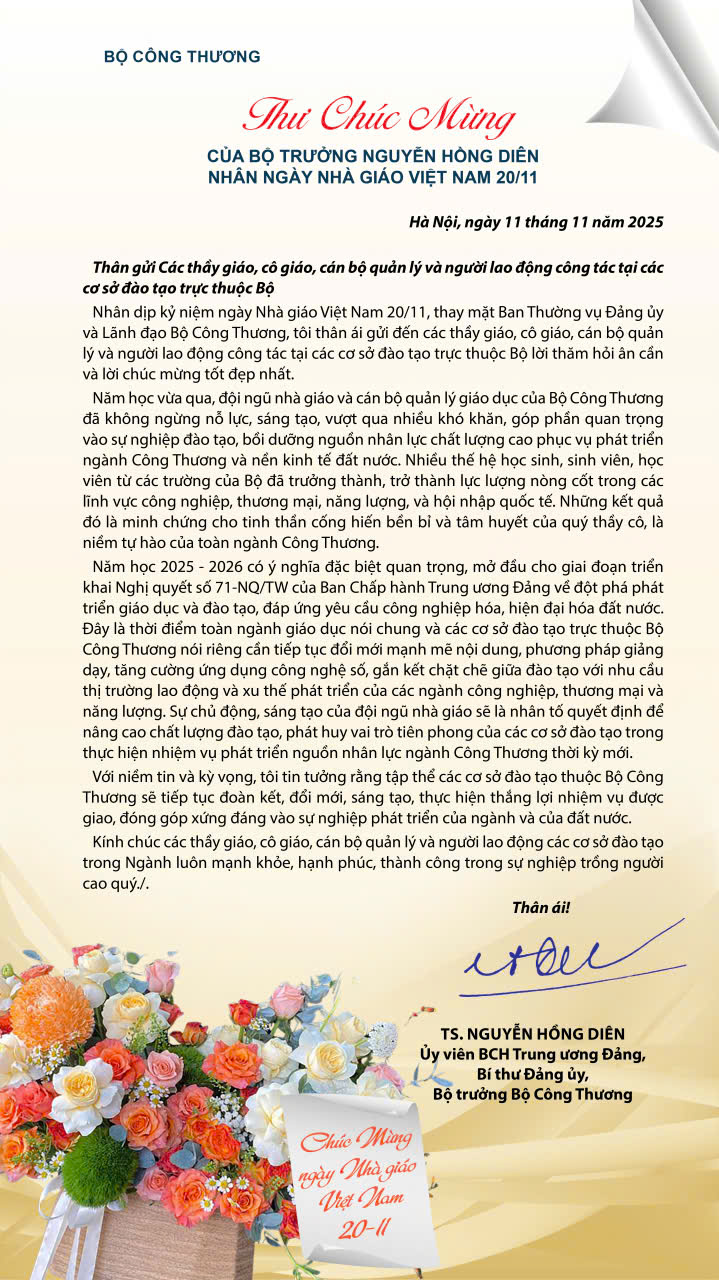Bộ Trưởng Bộ Công Thương gửi thư chúc mừng nhân Ngày Nhà Giáo Việt Nam 20/11