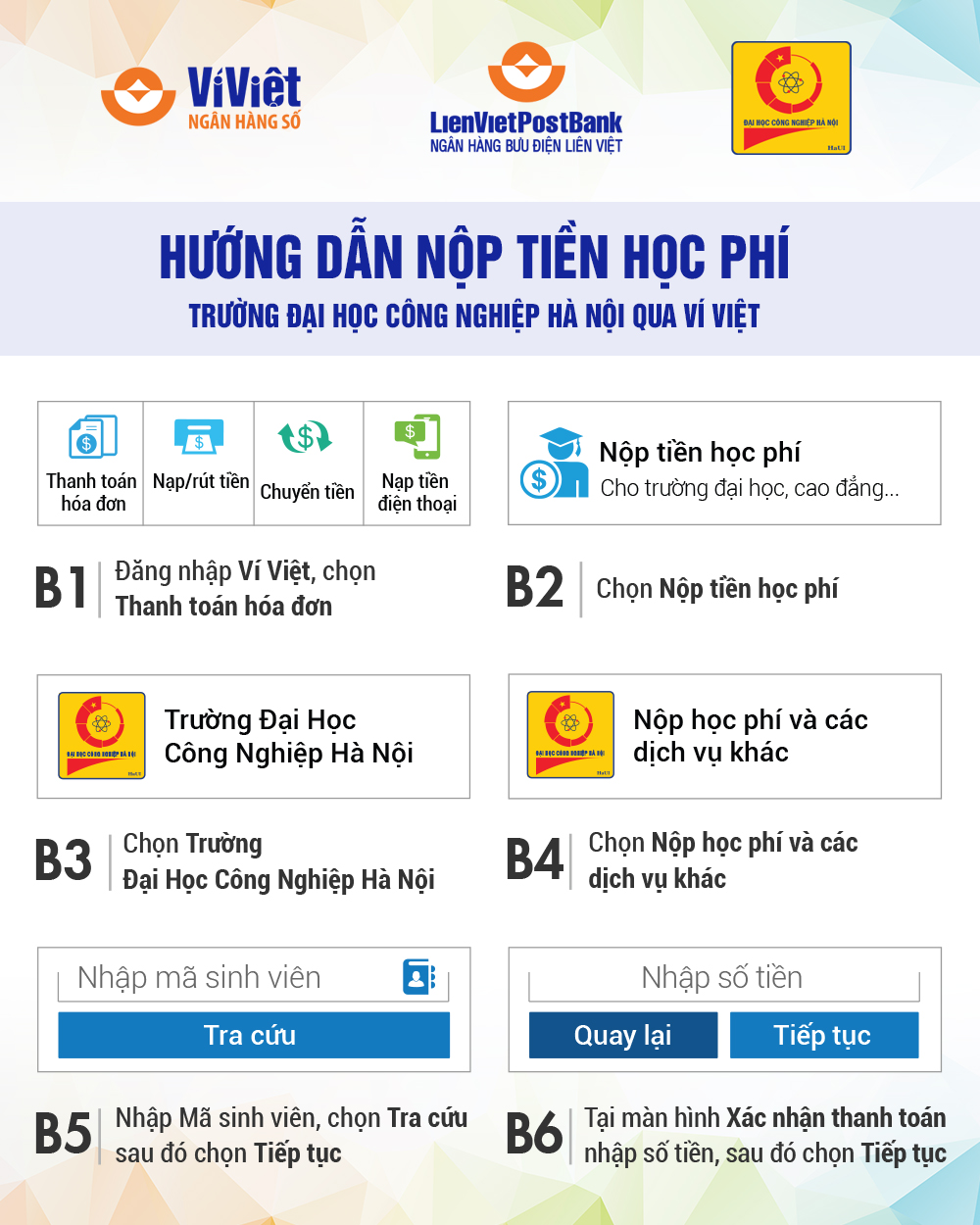 Hướng dẫn sinh viên Đại học Công nghiệp Hà Nội nộp tiền học phí và tiền nhập học qua Ví Việt