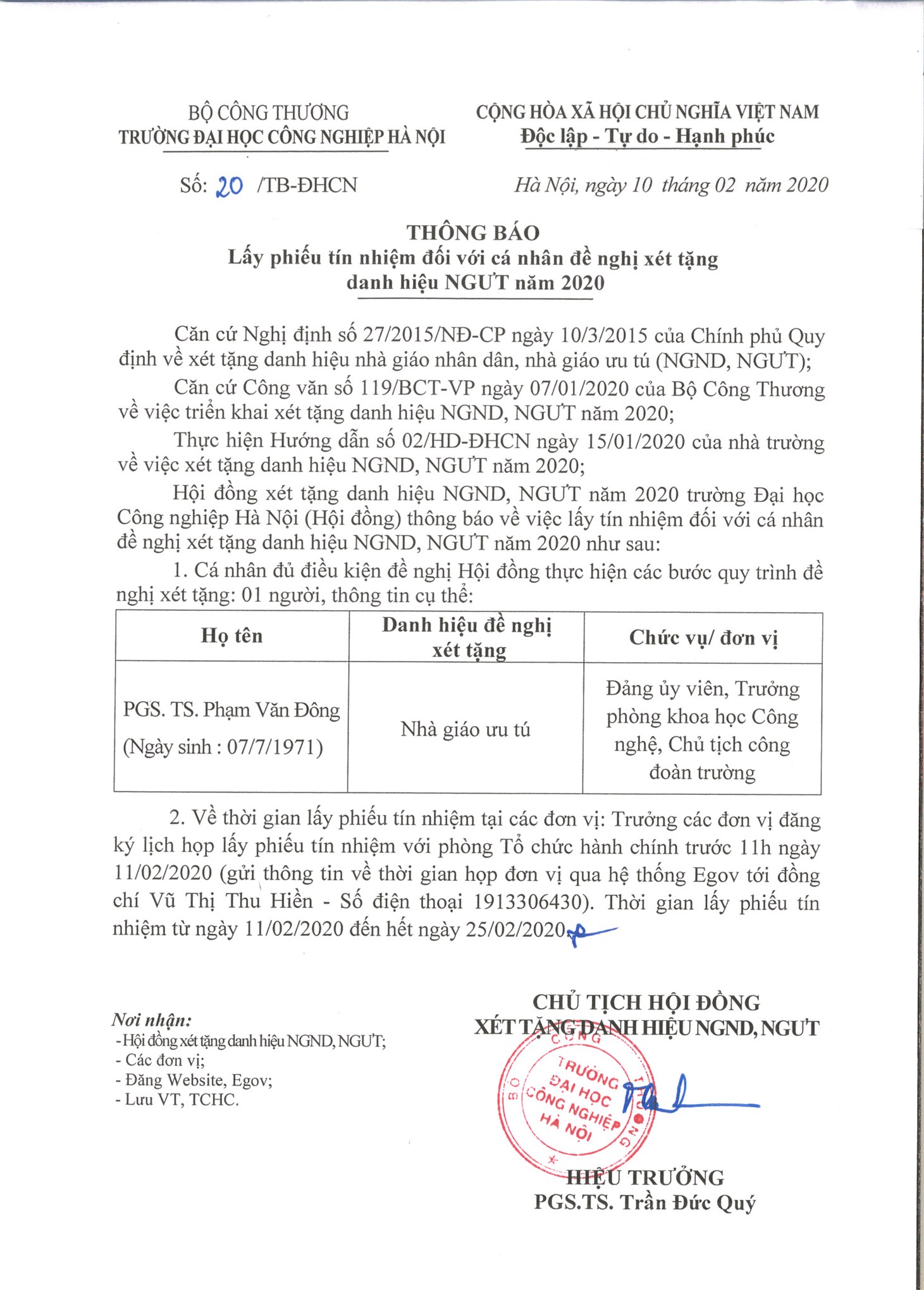 Thông báo nhà giáo đủ điều kiện lấy phiếu tín nhiệm đề nghị xét tặng danh hiệu NGƯT năm 2020