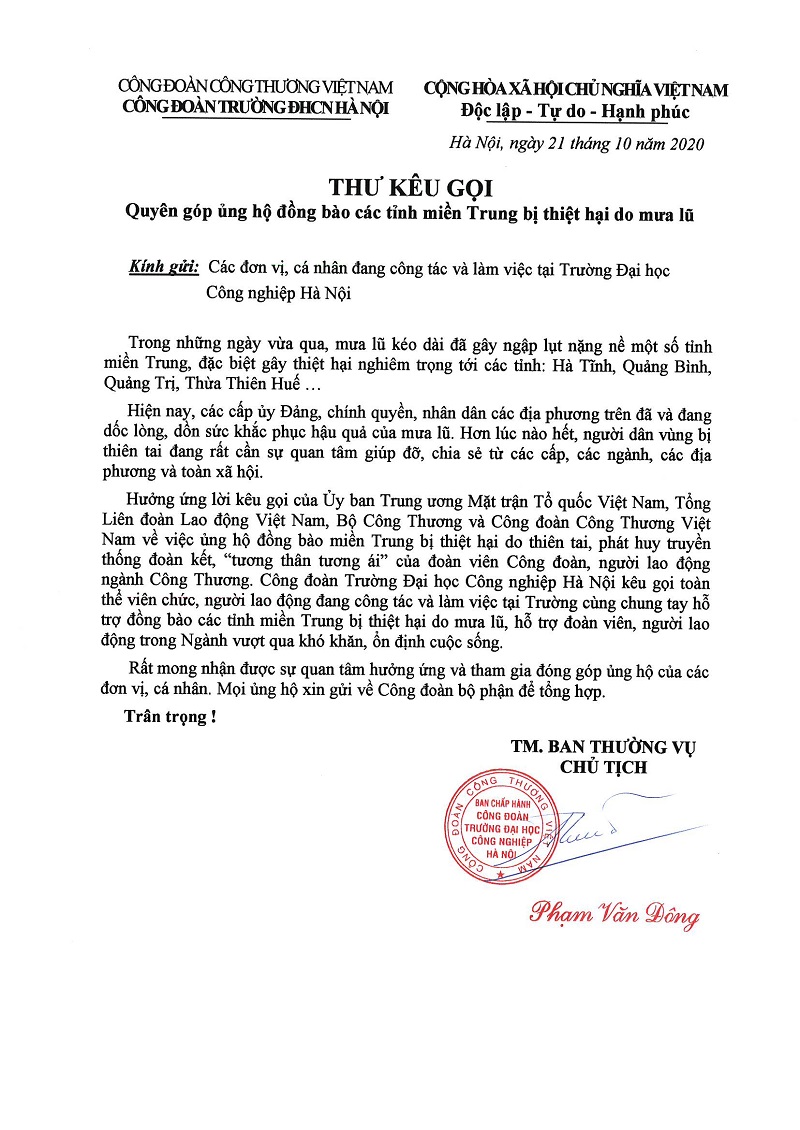 Thư kêu gọi `Ủng hộ đồng bào miền Trung bị thiệt hại do mưa lũ và đóng góp cho hoạt động xã hội - từ thiện ngành Công thương năm 2020`