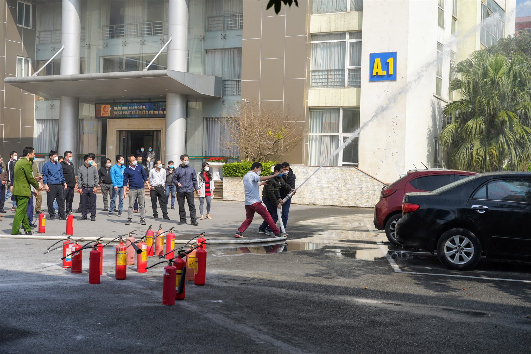 HaUI Fire Prevention and Fighting Team prepares for a practice drill