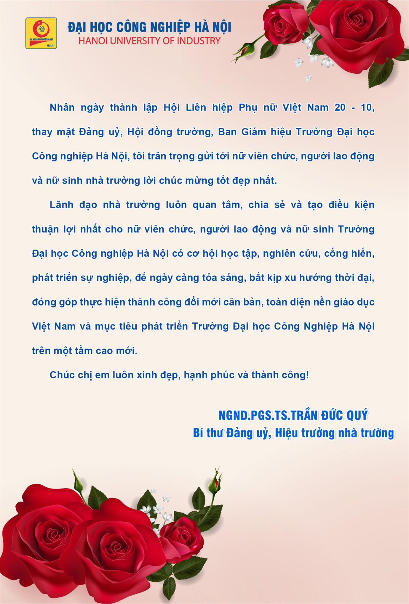 Hiệu trưởng chúc mừng nhân ngày thành lập Hội liên hiệp Phụ nữ Việt Nam 20/10