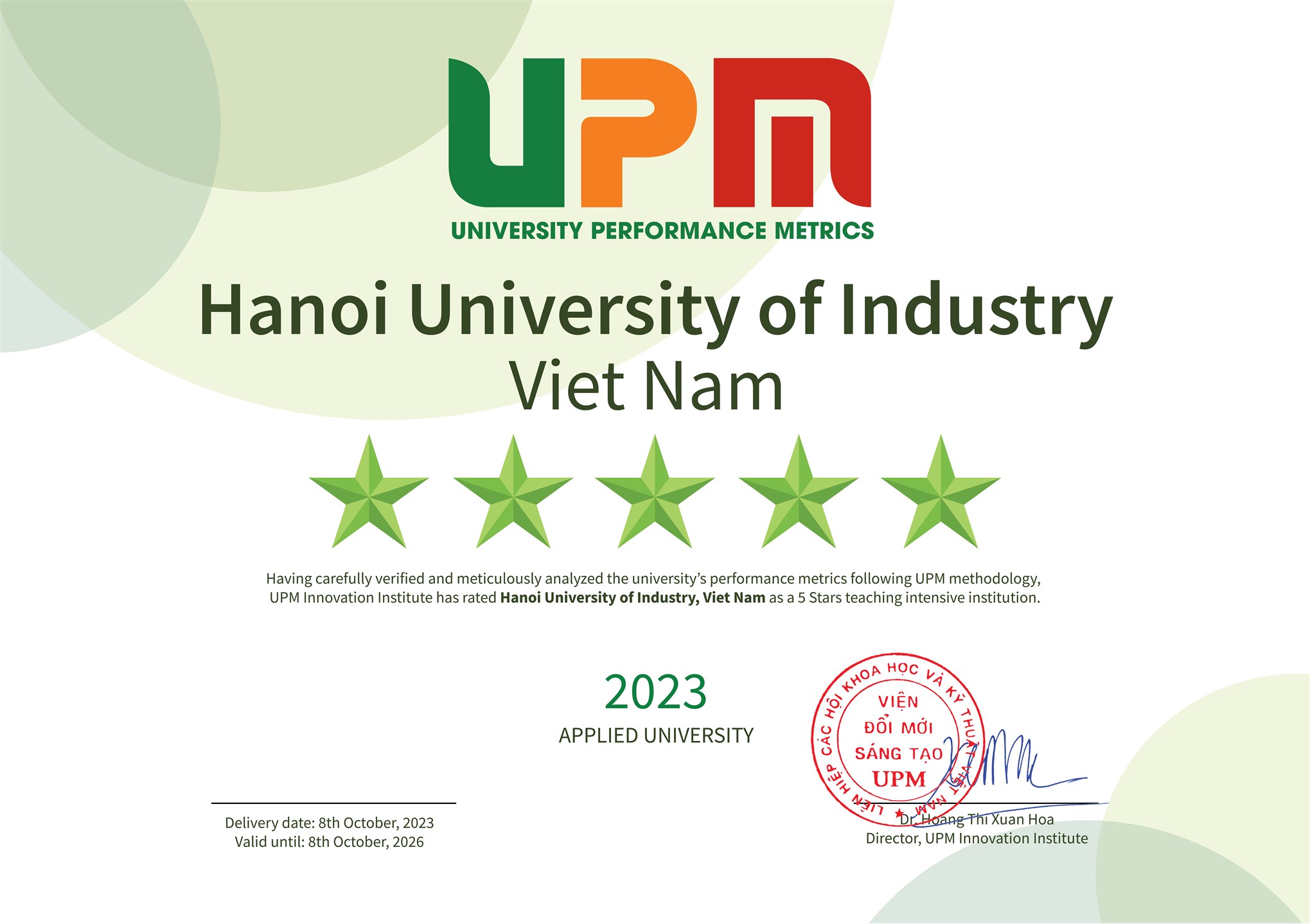 Hanoi University of Industry excellently achieved 5-star rating by UPM