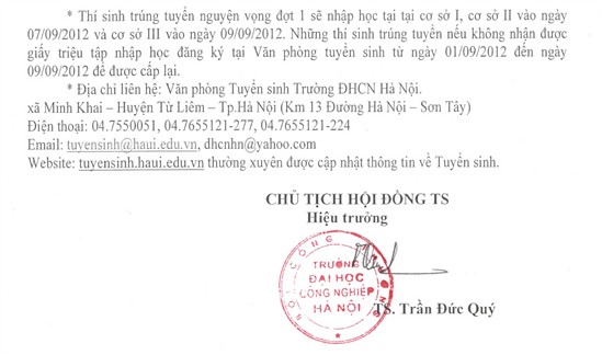 Điểm chuẩn trúng tuyển Đại học, Cao đẳng NV1 năm 2012