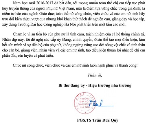 Thư chúc mừng của Hiệu trưởng nhân ngày thành lập Hội liên hiệp Phụ nữ Việt Nam 20.10