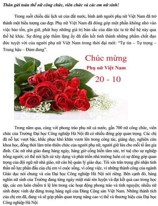 Thư chúc mừng của Hiệu trưởng nhân ngày Phụ nữ Việt Nam 20.10