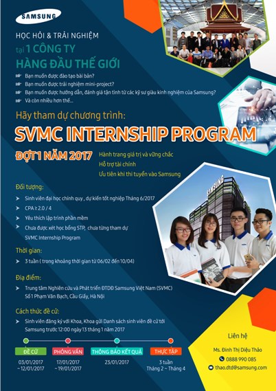 Chương trình thực tập đợt 1 năm 2017 cho sinh viên sắp tốt nghiệp đại học tại Trung tâm Nghiên cứu và Phát triển ĐTDĐ Samsung Việt Nam (SVMC)