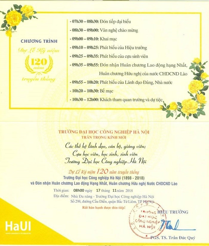 Thư mời dự Lễ Kỷ niệm 120 năm Truyền thống Trường Đại học Công Nghiệp Hà Nội ( 1898 - 2018)