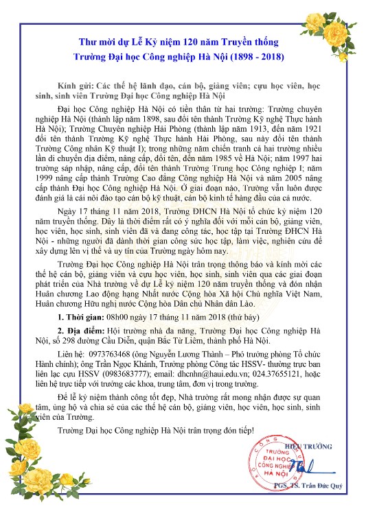 Thư mời dự Lễ Kỷ niệm 120 năm Truyền thống