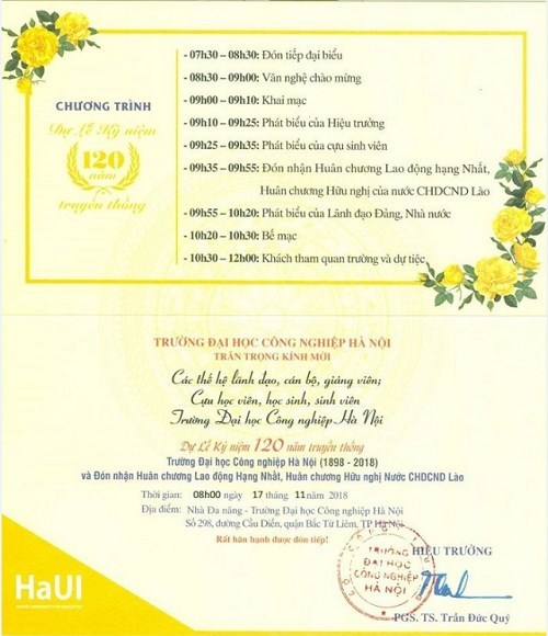 Thư mời dự Lễ Kỷ niệm 120 năm Truyền thống